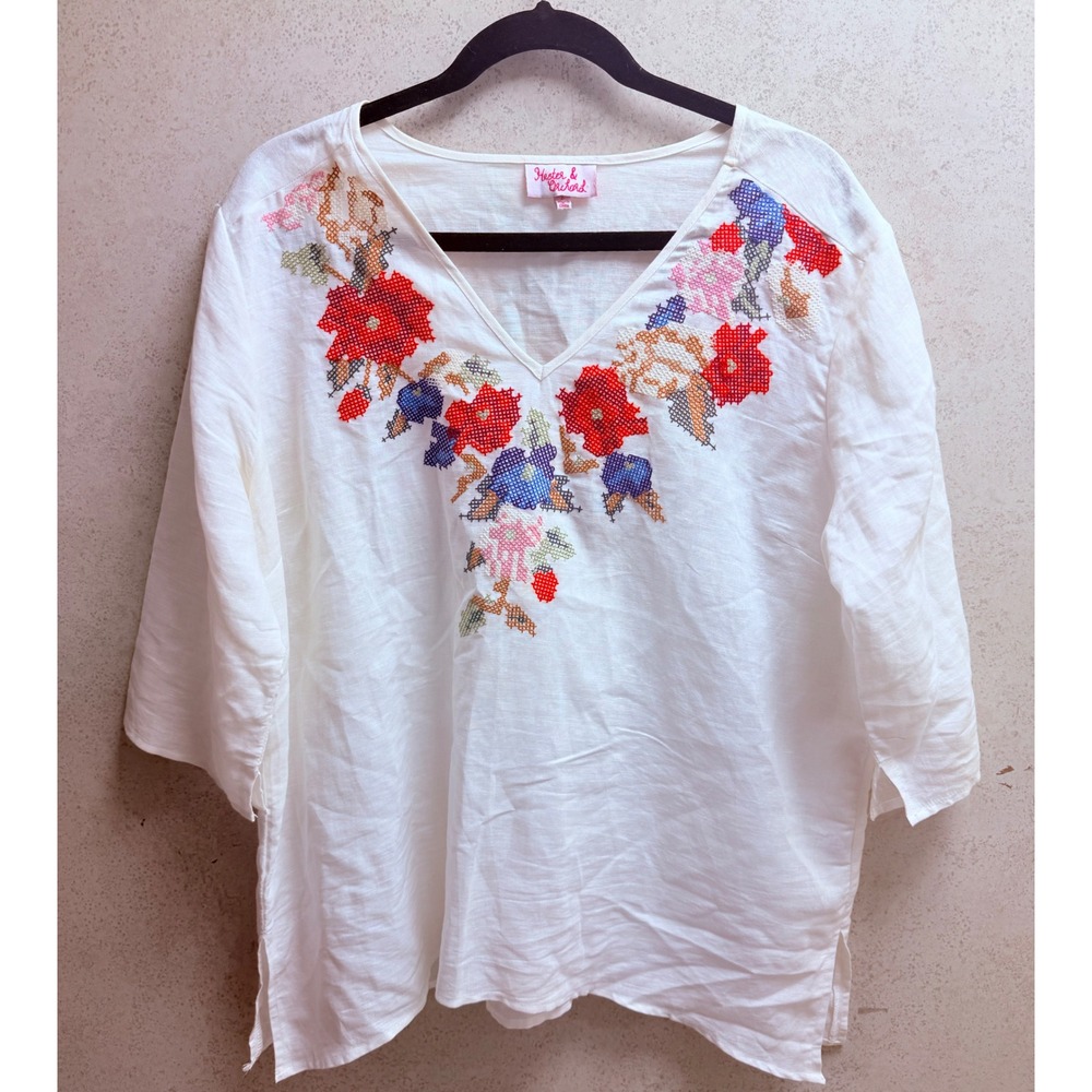 Hester & Orchard Large Womens White Linen Blend Embroidered Cottagecore Top